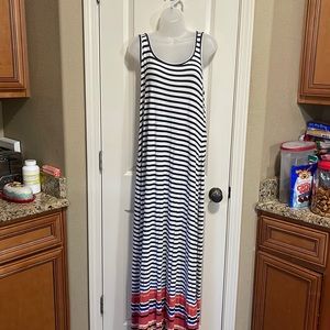 Old Navy blue and white with coral and orange at bottom maxi dress size L